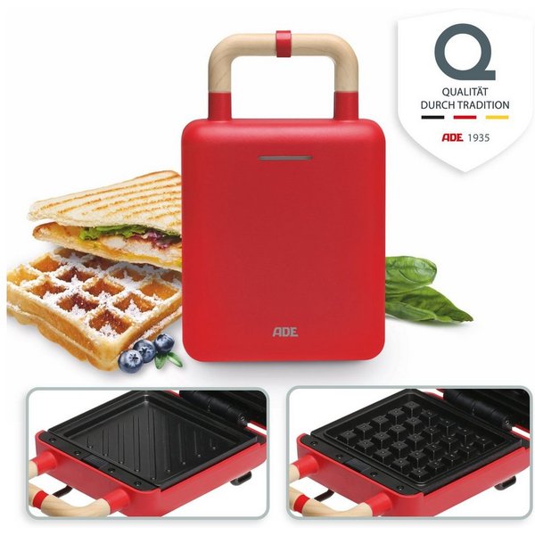 ADE 2-in-1-Kombi-Waffeleisen KG2138, 600 W, Wechselplatten für Belgische Waffeln, XL-Sandwiches, gebratene Eier