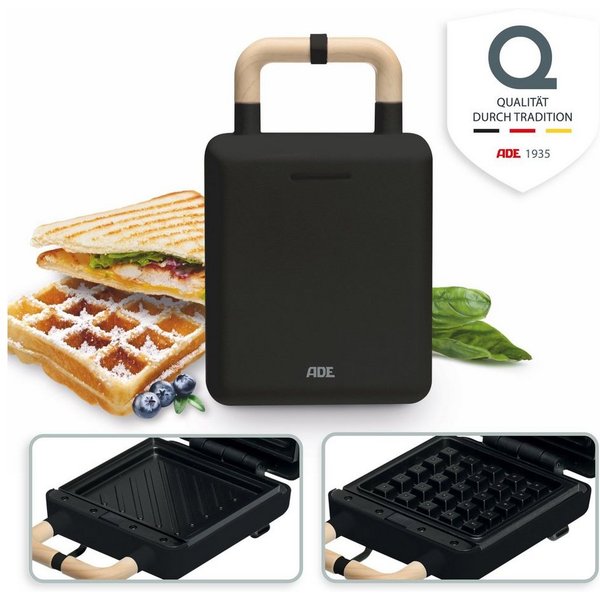 ADE 2-in-1-Kombi-Waffeleisen KG2138, 600 W, Wechselplatten für Belgische Waffeln, XL-Sandwiches, gebratene Eier