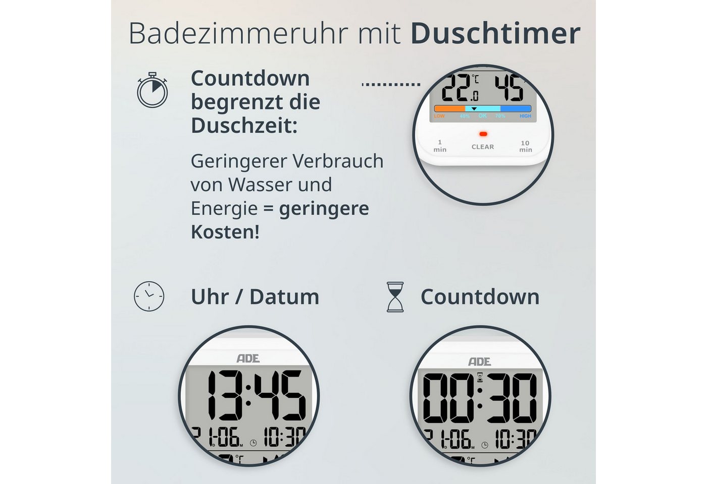 ADE Badezimmeruhr Duschuhr, IP65 wasserdicht, mit Duschtimer, Thermometer & Hygrometer (Baduhr mit Countdown, Uhrzeit & Datum, inkl. AAA Batterien) – Bild 2 von 5