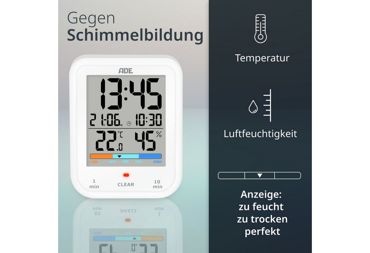 ADE Badezimmeruhr Duschuhr, IP65 wasserdicht, mit Duschtimer, Thermometer & Hygrometer (Baduhr mit Countdown, Uhrzeit & Datum, inkl. AAA Batterien) – Bild 3 von 5