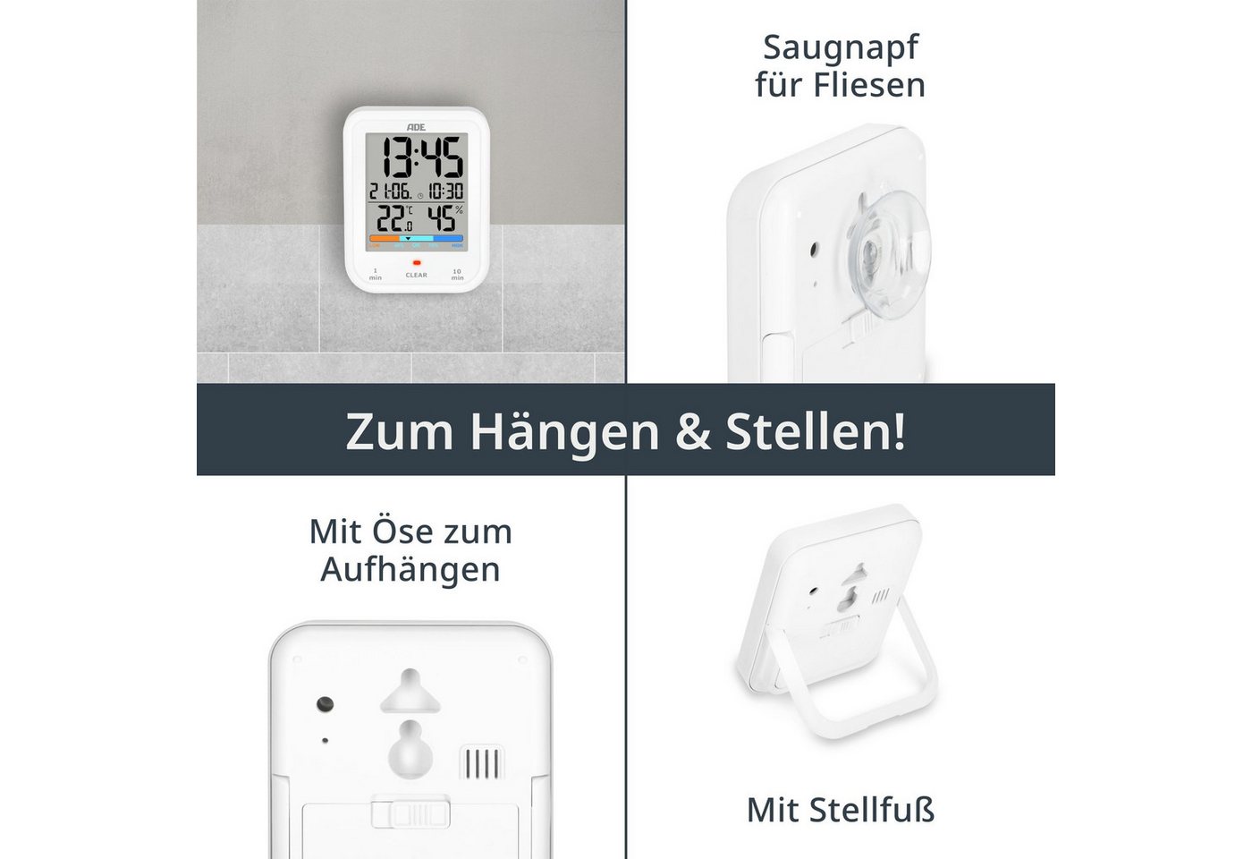 ADE Badezimmeruhr Duschuhr, IP65 wasserdicht, mit Duschtimer, Thermometer & Hygrometer (Baduhr mit Countdown, Uhrzeit & Datum, inkl. AAA Batterien) – Bild 5 von 5