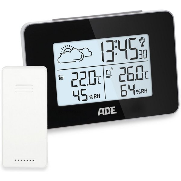 ADE Funk mit Außensensor, innen/außen, animierte Wettervorhersage Funkwetterstation (mit Funkwecker & Beleuchtung, inkl. Batterien)