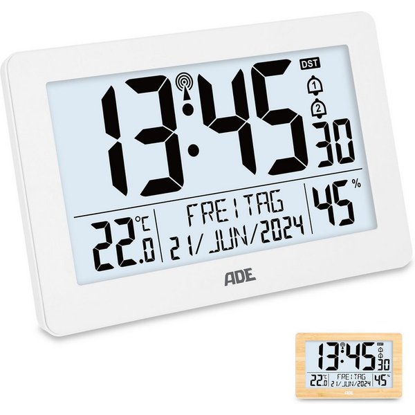 ADE Funktischuhr Digital, Tischuhr & Wanduhr mit XL-Display & großen Ziffern, Funk Funkuhr mit Hygrometer, Datum & Wochentag, inkl. 2 AA Batterien