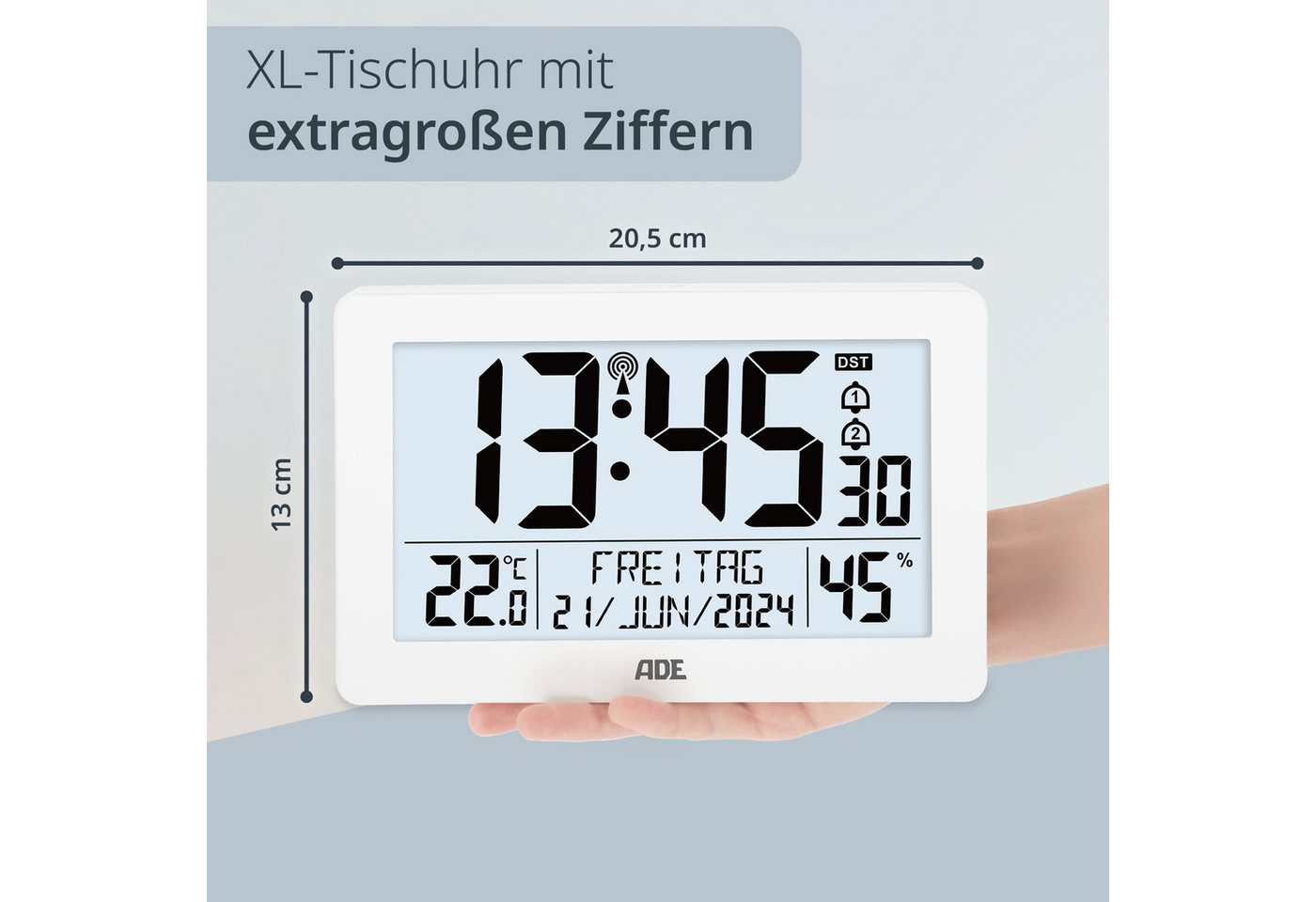 ADE Funktischuhr Digital, Tischuhr & Wanduhr mit XL-Display & großen Ziffern, Funk Funkuhr mit Hygrometer, Datum & Wochentag, inkl. 2 AA Batterien – Bild 2 von 5