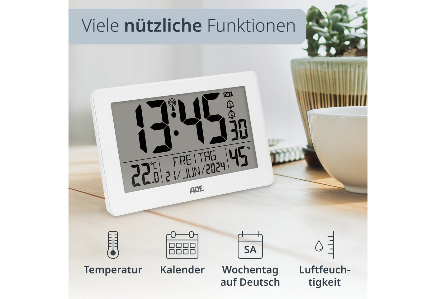 ADE Funktischuhr Digital, Tischuhr & Wanduhr mit XL-Display & großen Ziffern, Funk Funkuhr mit Hygrometer, Datum & Wochentag, inkl. 2 AA Batterien – Bild 3 von 5