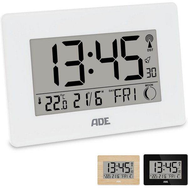 ADE Funktischuhr Digital,Tischuhr & Wanduhr mit XXL-Display, Thermometer Funkuhr mit Datum, Wochentag & Mondphasen, inkl. 2 AA Batterien