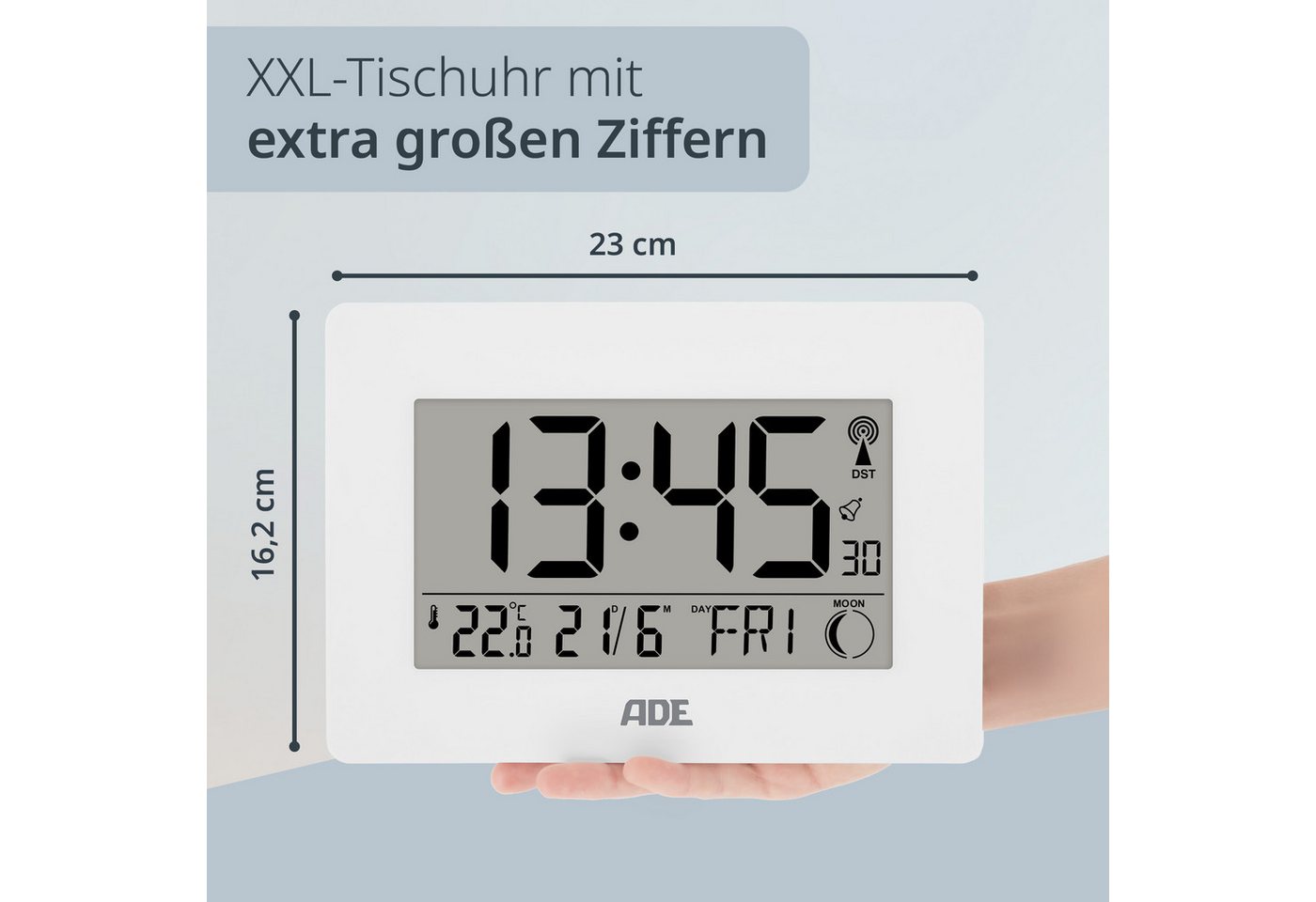 ADE Funktischuhr Digital,Tischuhr & Wanduhr mit XXL-Display, Thermometer Funkuhr mit Datum, Wochentag & Mondphasen, inkl. 2 AA Batterien – Bild 2 von 5