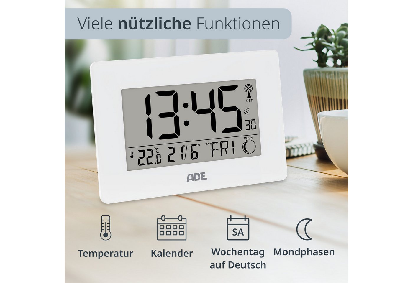 ADE Funktischuhr Digital,Tischuhr & Wanduhr mit XXL-Display, Thermometer Funkuhr mit Datum, Wochentag & Mondphasen, inkl. 2 AA Batterien – Bild 3 von 5