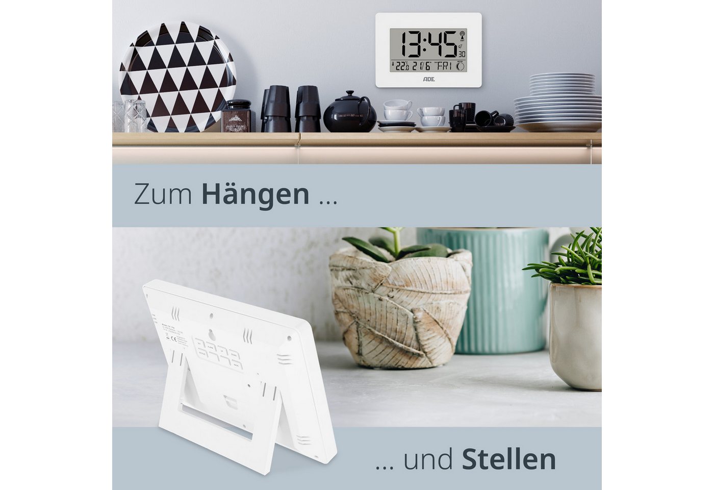 ADE Funktischuhr Digital,Tischuhr & Wanduhr mit XXL-Display, Thermometer Funkuhr mit Datum, Wochentag & Mondphasen, inkl. 2 AA Batterien – Bild 5 von 5