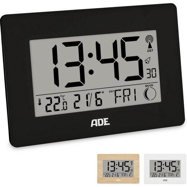 ADE Funktischuhr Digital,Tischuhr & Wanduhr mit XXL-Display, Thermometer Funkuhr mit Datum, Wochentag & Mondphasen, inkl. 2 AA Batterien