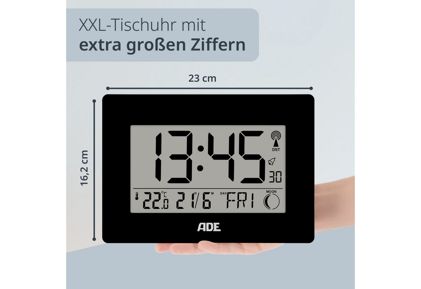 ADE Funktischuhr Digital,Tischuhr & Wanduhr mit XXL-Display, Thermometer Funkuhr mit Datum, Wochentag & Mondphasen, inkl. 2 AA Batterien – Bild 2 von 5