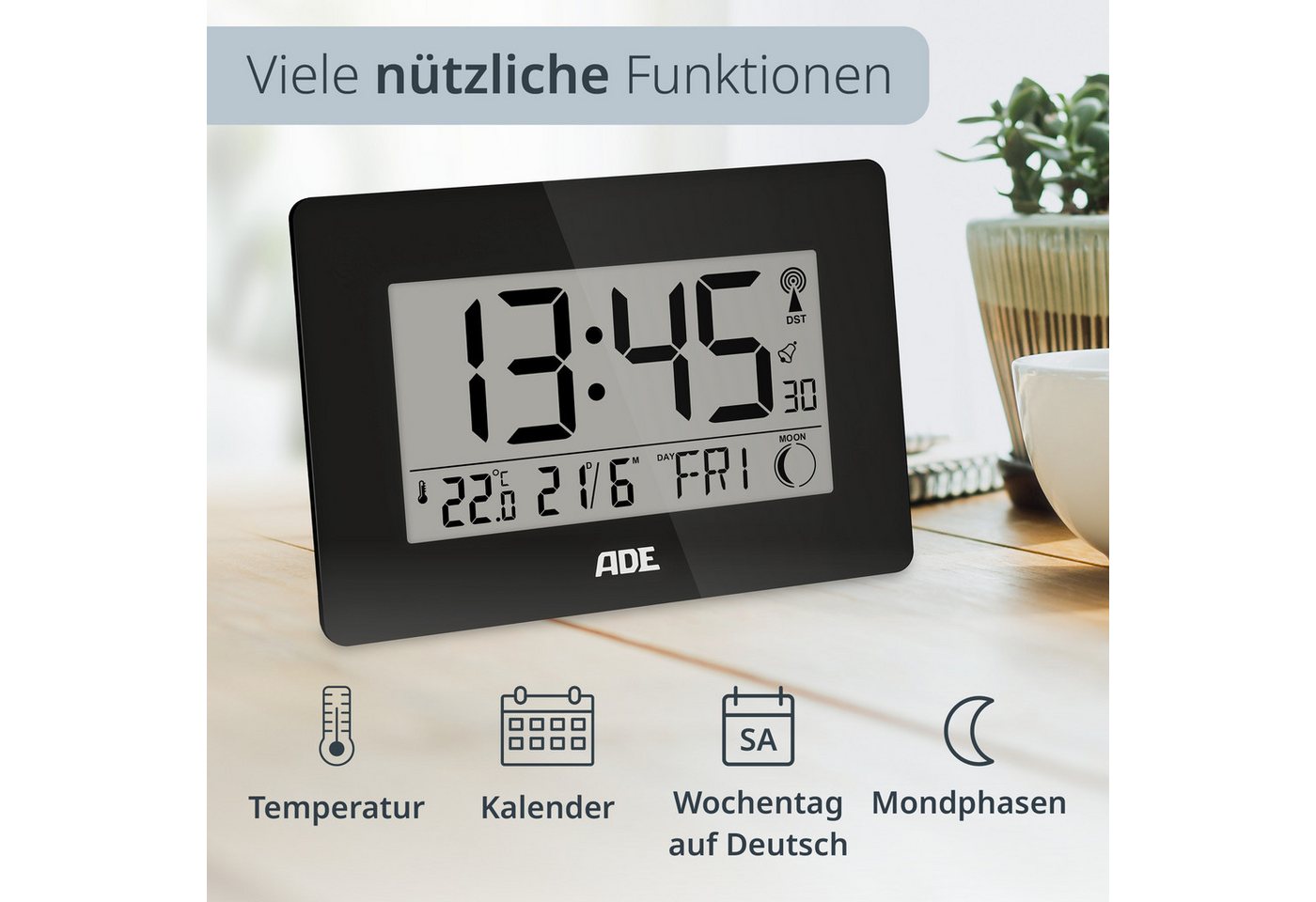 ADE Funktischuhr Digital,Tischuhr & Wanduhr mit XXL-Display, Thermometer Funkuhr mit Datum, Wochentag & Mondphasen, inkl. 2 AA Batterien – Bild 3 von 5