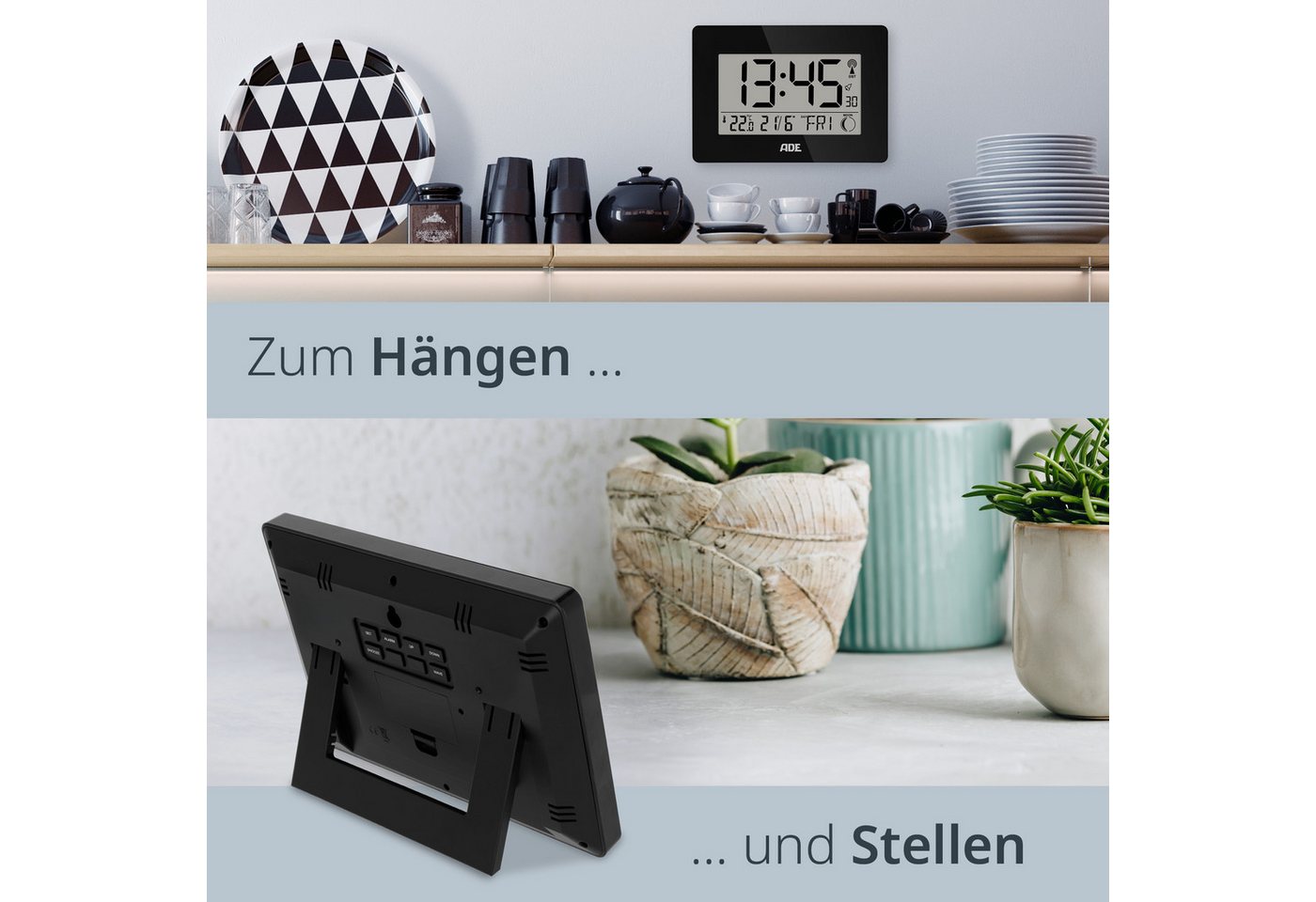 ADE Funktischuhr Digital,Tischuhr & Wanduhr mit XXL-Display, Thermometer Funkuhr mit Datum, Wochentag & Mondphasen, inkl. 2 AA Batterien – Bild 5 von 5