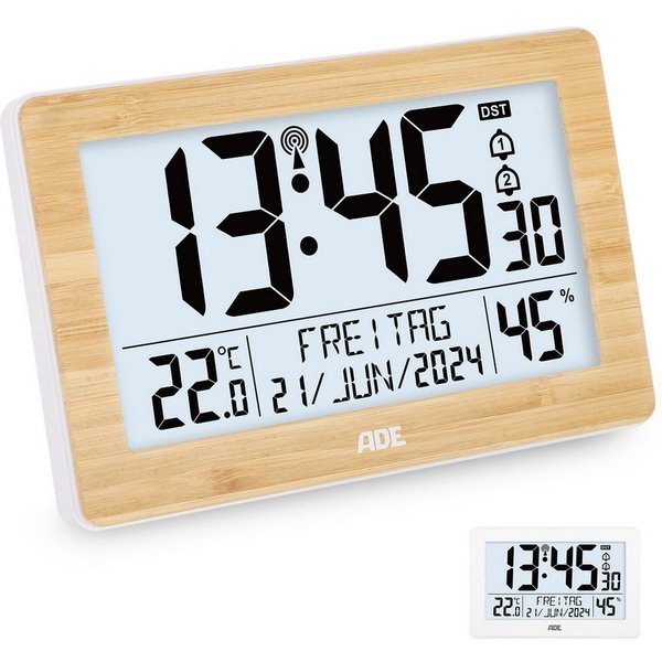 ADE Funktischuhr Digital, Tischuhr & Wanduhr mit XL-Display & großen Ziffern, Funk Funkuhr mit Hygrometer, Datum & Wochentag, inkl. 2 AA Batterien