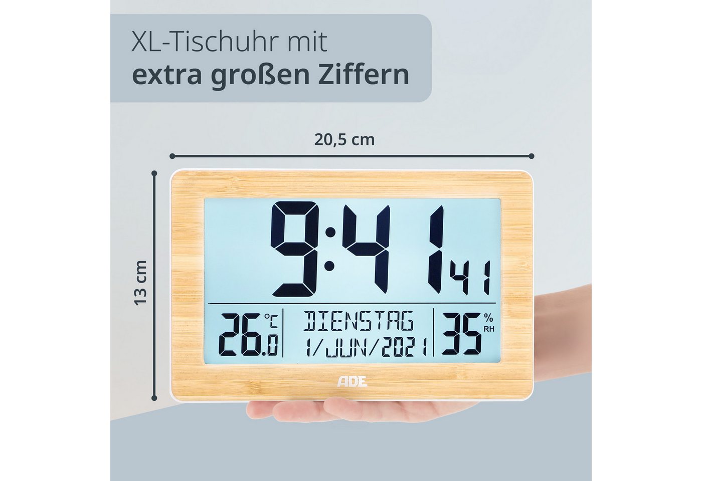 ADE Funktischuhr Digital, Tischuhr & Wanduhr mit XL-Display & großen Ziffern, Funk Funkuhr mit Hygrometer, Datum & Wochentag, inkl. 2 AA Batterien – Bild 2 von 5