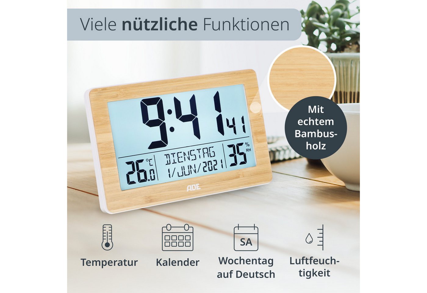 ADE Funktischuhr Digital, Tischuhr & Wanduhr mit XL-Display & großen Ziffern, Funk Funkuhr mit Hygrometer, Datum & Wochentag, inkl. 2 AA Batterien – Bild 3 von 5