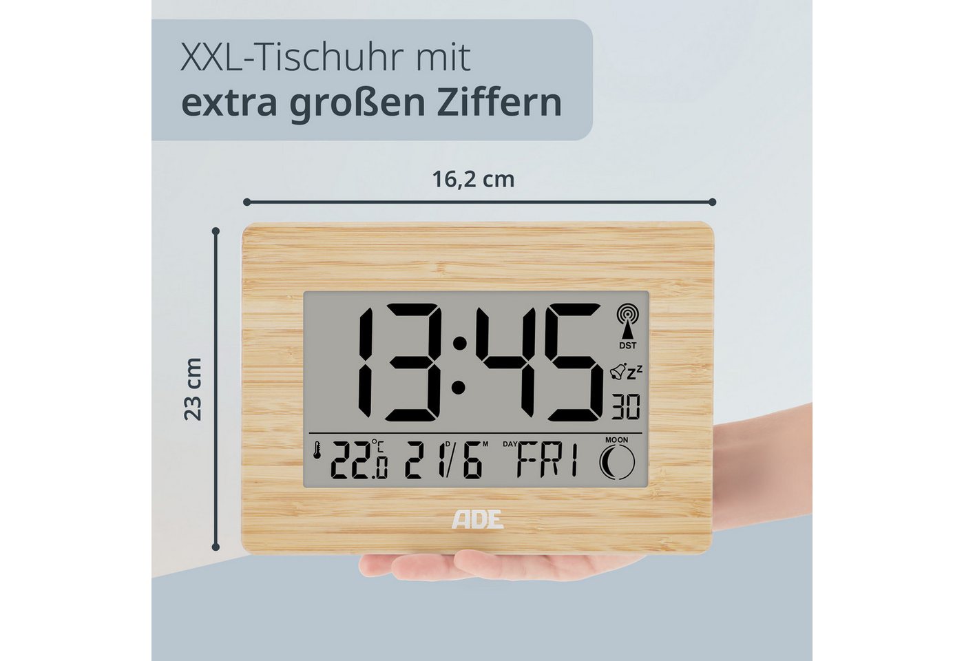 ADE Funktischuhr Digital,Tischuhr & Wanduhr mit XXL-Display, Thermometer Funkuhr mit Datum, Wochentag & Mondphasen, inkl. 2 AA Batterien – Bild 2 von 5