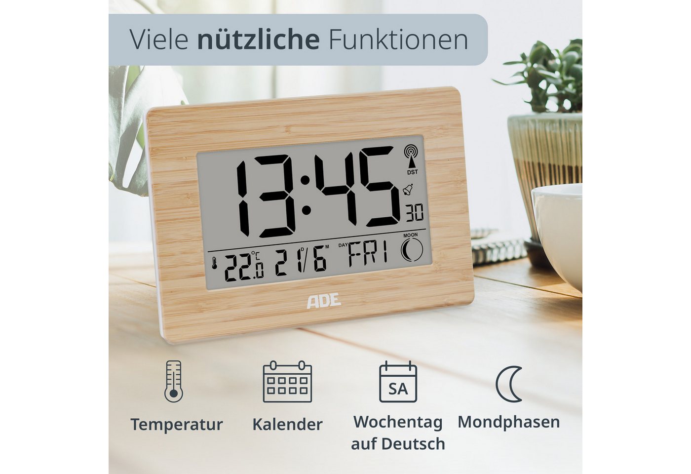 ADE Funktischuhr Digital,Tischuhr & Wanduhr mit XXL-Display, Thermometer Funkuhr mit Datum, Wochentag & Mondphasen, inkl. 2 AA Batterien – Bild 3 von 5