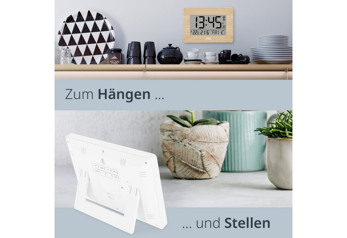 ADE Funktischuhr Digital,Tischuhr & Wanduhr mit XXL-Display, Thermometer Funkuhr mit Datum, Wochentag & Mondphasen, inkl. 2 AA Batterien – Bild 5 von 5