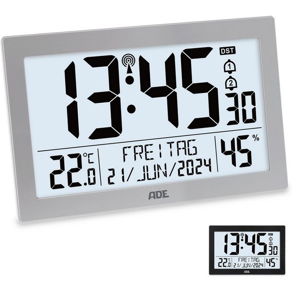 ADE Funktischuhr Digital extragroß, Tischuhr & Wanduhr mit Beleuchtung, Thermometer Funkuhr mit Hygrometer & Datum, ideal für Senioren, inkl. Batterien