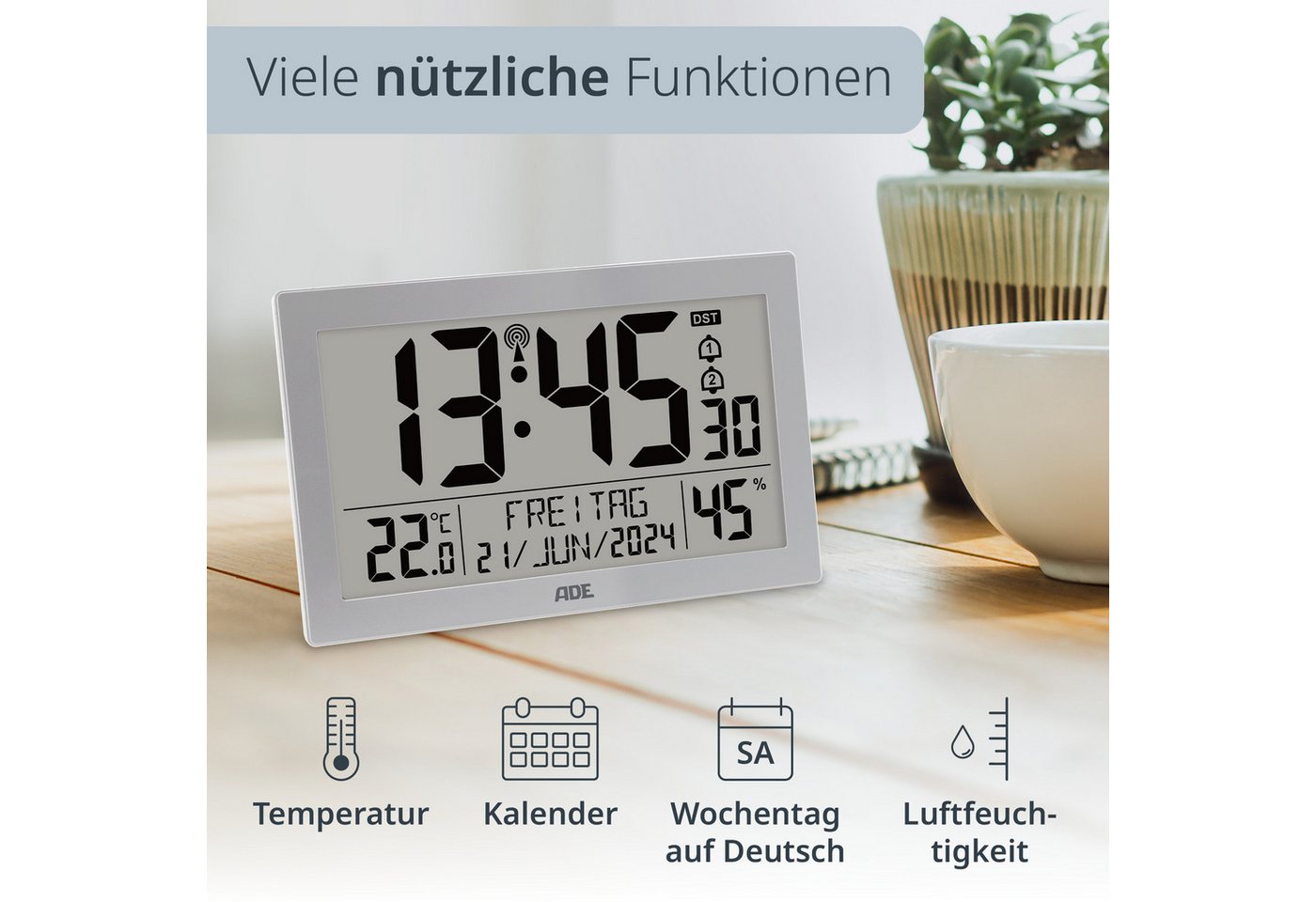 ADE Funktischuhr Digital extragroß, Tischuhr & Wanduhr mit Beleuchtung, Thermometer Funkuhr mit Hygrometer & Datum, ideal für Senioren, inkl. Batterien – Bild 3 von 5
