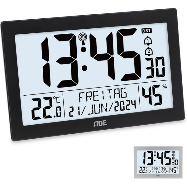 ADE Funktischuhr Digital extragroß, Tischuhr & Wanduhr mit Beleuchtung, Thermometer Funkuhr mit Hygrometer & Datum, ideal für Senioren, inkl. Batterien
