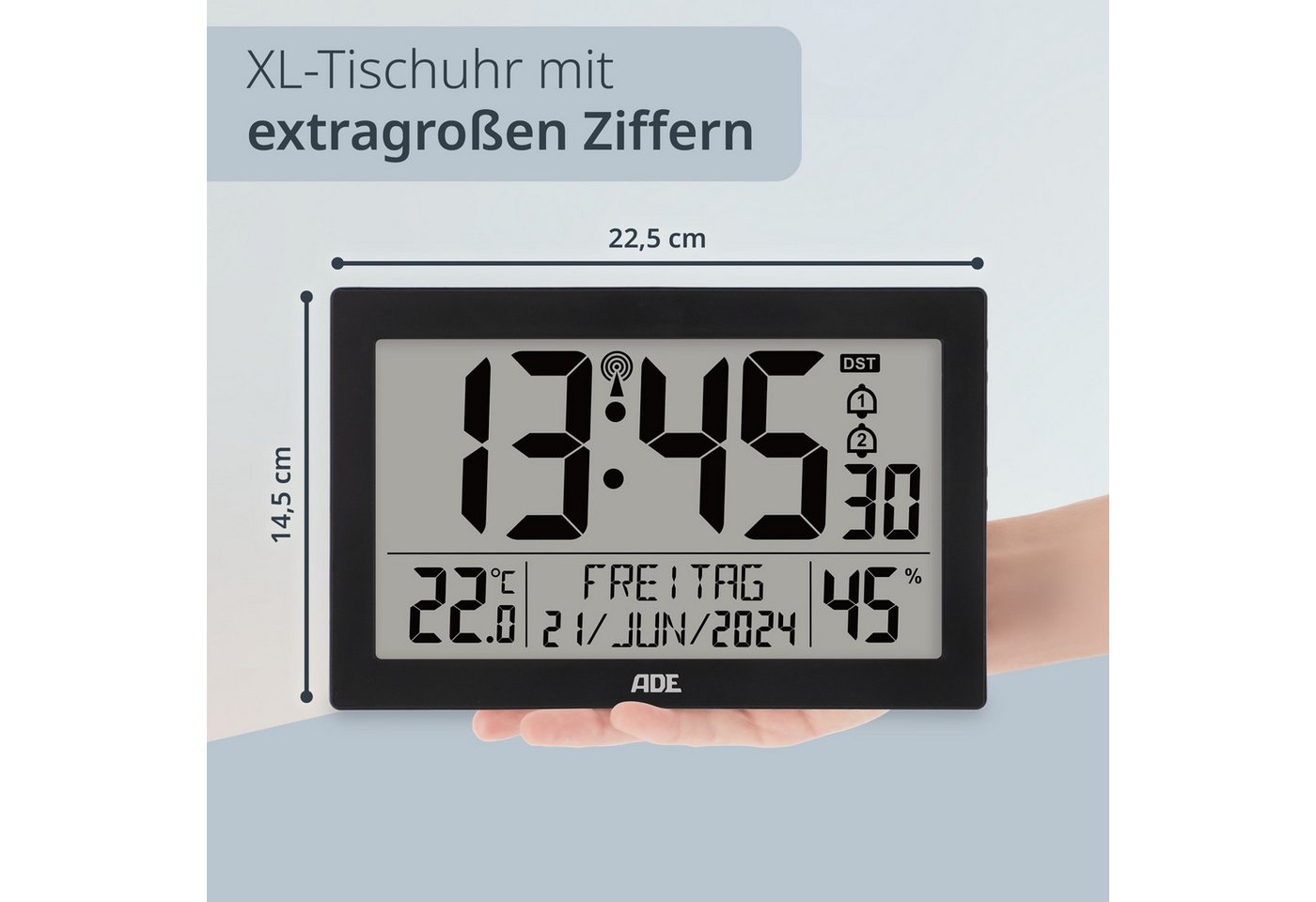 ADE Funktischuhr Digital extragroß, Tischuhr & Wanduhr mit Beleuchtung, Thermometer Funkuhr mit Hygrometer & Datum, ideal für Senioren, inkl. Batterien – Bild 2 von 5