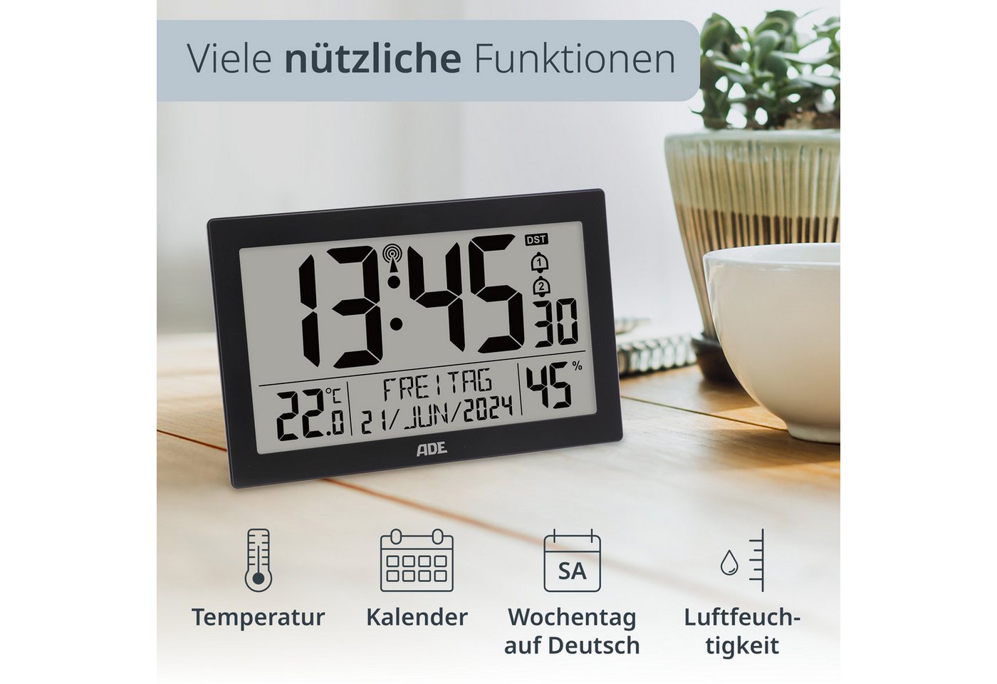 ADE Funktischuhr Digital extragroß, Tischuhr & Wanduhr mit Beleuchtung, Thermometer Funkuhr mit Hygrometer & Datum, ideal für Senioren, inkl. Batterien – Bild 3 von 5