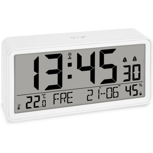 ADE Funktischuhr digital XXL-Ziffern, Tischuhr & Wanduhr mit Thermometer, 2 Weckzeiten Funkuhr mit Hygrometer, Datum & Wochentag, inkl. AA Batterien