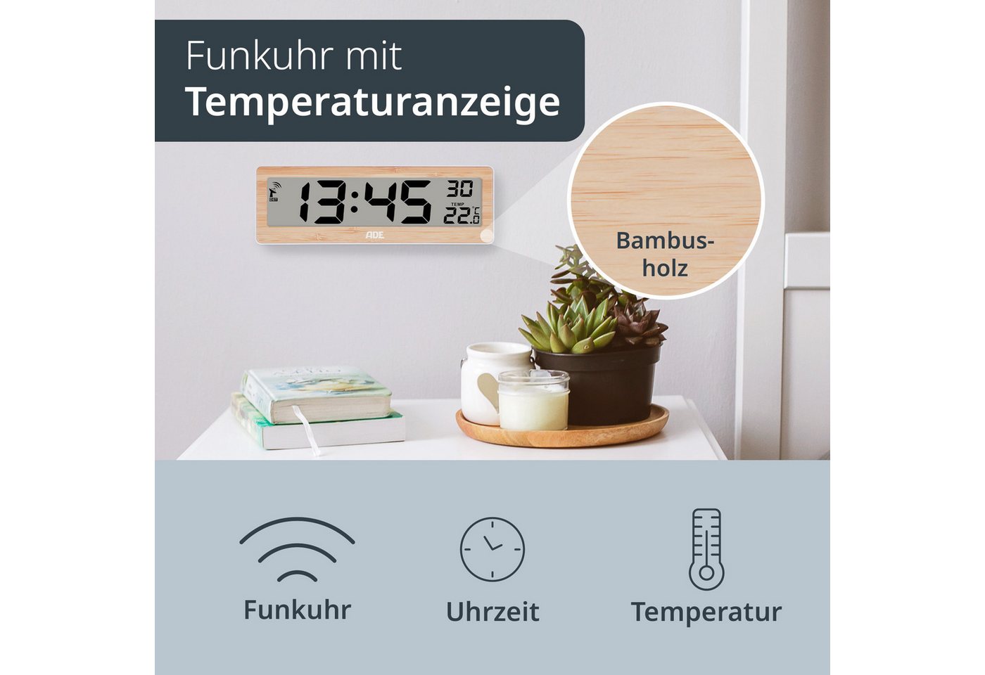 ADE Funkwanduhr Digital, als Wand- und Tischuhr (mit Temperaturanzeige, großem Display und gut ablesbaren Ziffern) – Bild 2 von 5