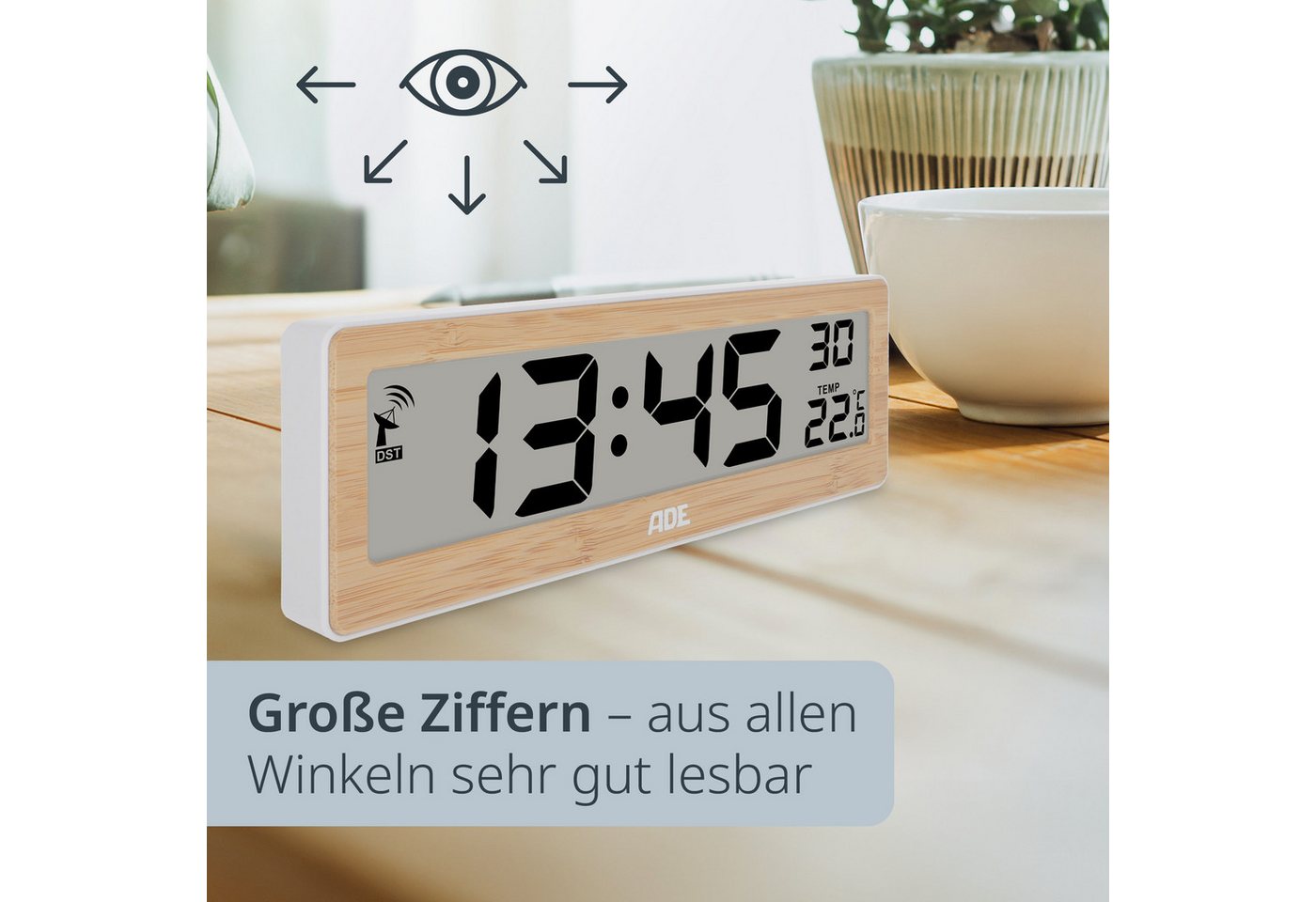 ADE Funkwanduhr Digital, als Wand- und Tischuhr (mit Temperaturanzeige, großem Display und gut ablesbaren Ziffern) – Bild 3 von 5