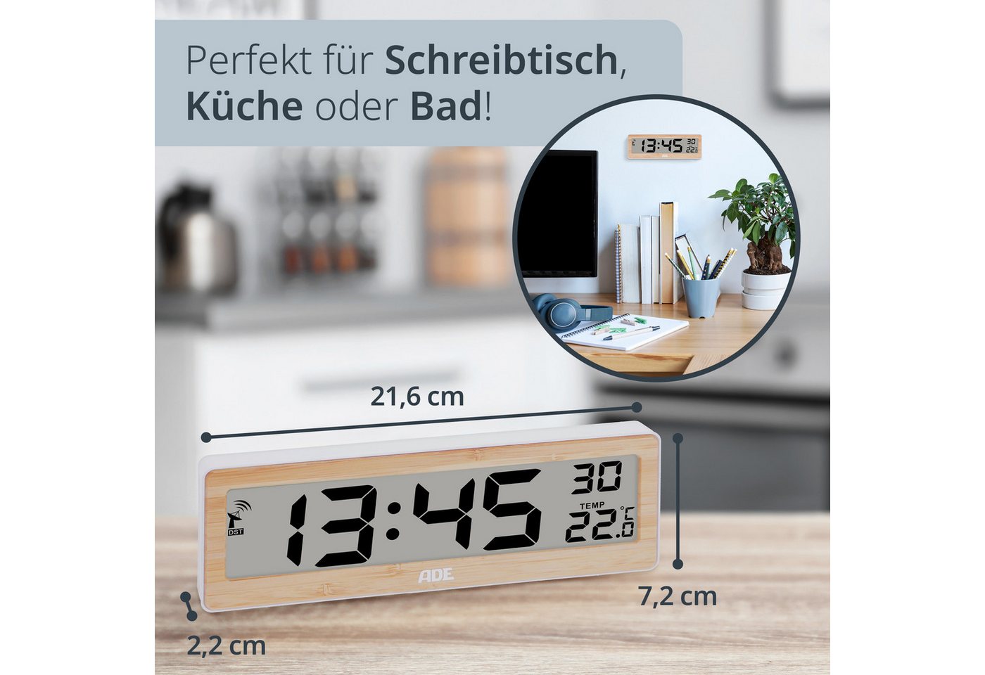 ADE Funkwanduhr Digital, als Wand- und Tischuhr (mit Temperaturanzeige, großem Display und gut ablesbaren Ziffern) – Bild 5 von 5