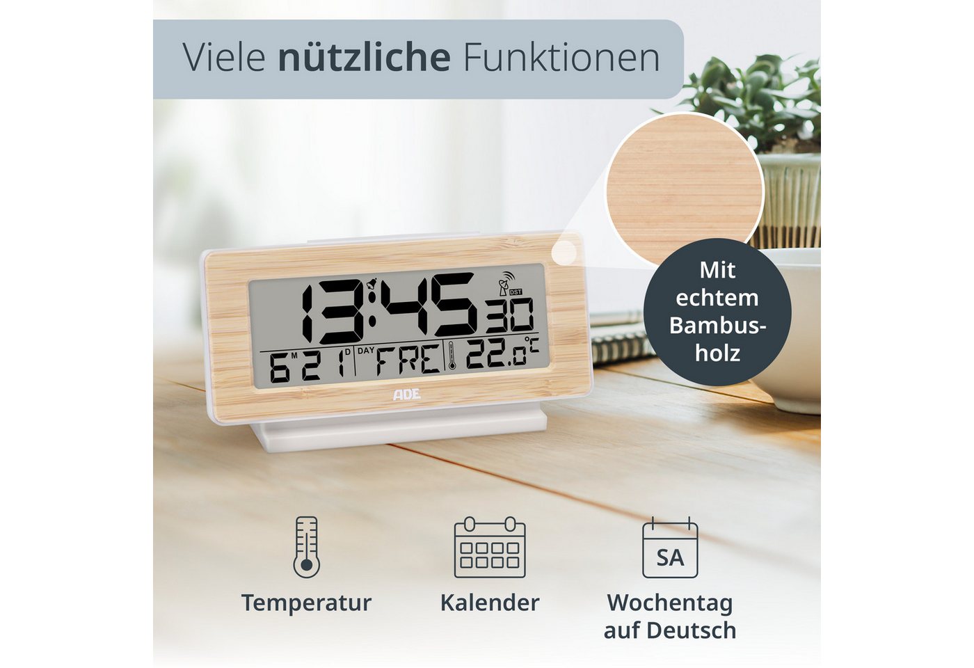 ADE Funkwecker Digitaler Wecker mit Beleuchtung, ohne Ticken mit Wochentag- und Temperaturanzeige und Weckfunktion, leicht ablesbar – Bild 2 von 5