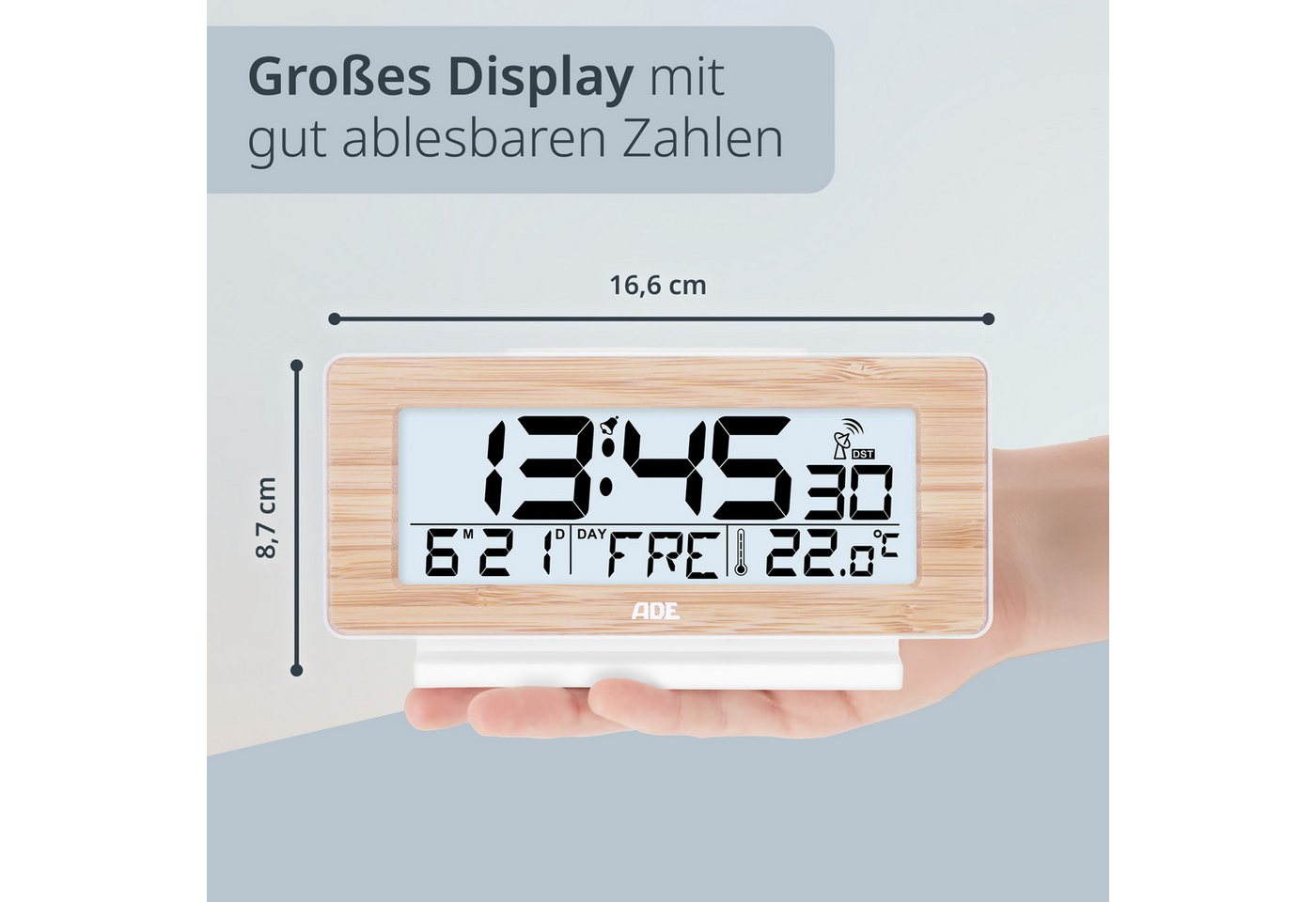 ADE Funkwecker Digitaler Wecker mit Beleuchtung, ohne Ticken mit Wochentag- und Temperaturanzeige und Weckfunktion, leicht ablesbar – Bild 3 von 5