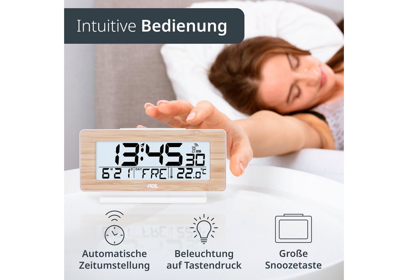 ADE Funkwecker Digitaler Wecker mit Beleuchtung, ohne Ticken mit Wochentag- und Temperaturanzeige und Weckfunktion, leicht ablesbar – Bild 5 von 5
