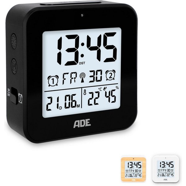 ADE Funkwecker Wecker digital funk mit Temperatur und Luftfeuchtigkeit Wecker mit Licht, 2 Weckzeiten & Schlummerfunktion, inkl. Batterien