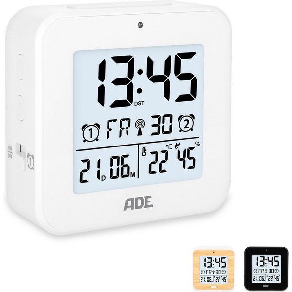ADE Funkwecker Wecker digital funk mit Temperatur und Luftfeuchtigkeit Wecker mit Licht, 2 Weckzeiten & Schlummerfunktion, inkl. Batterien
