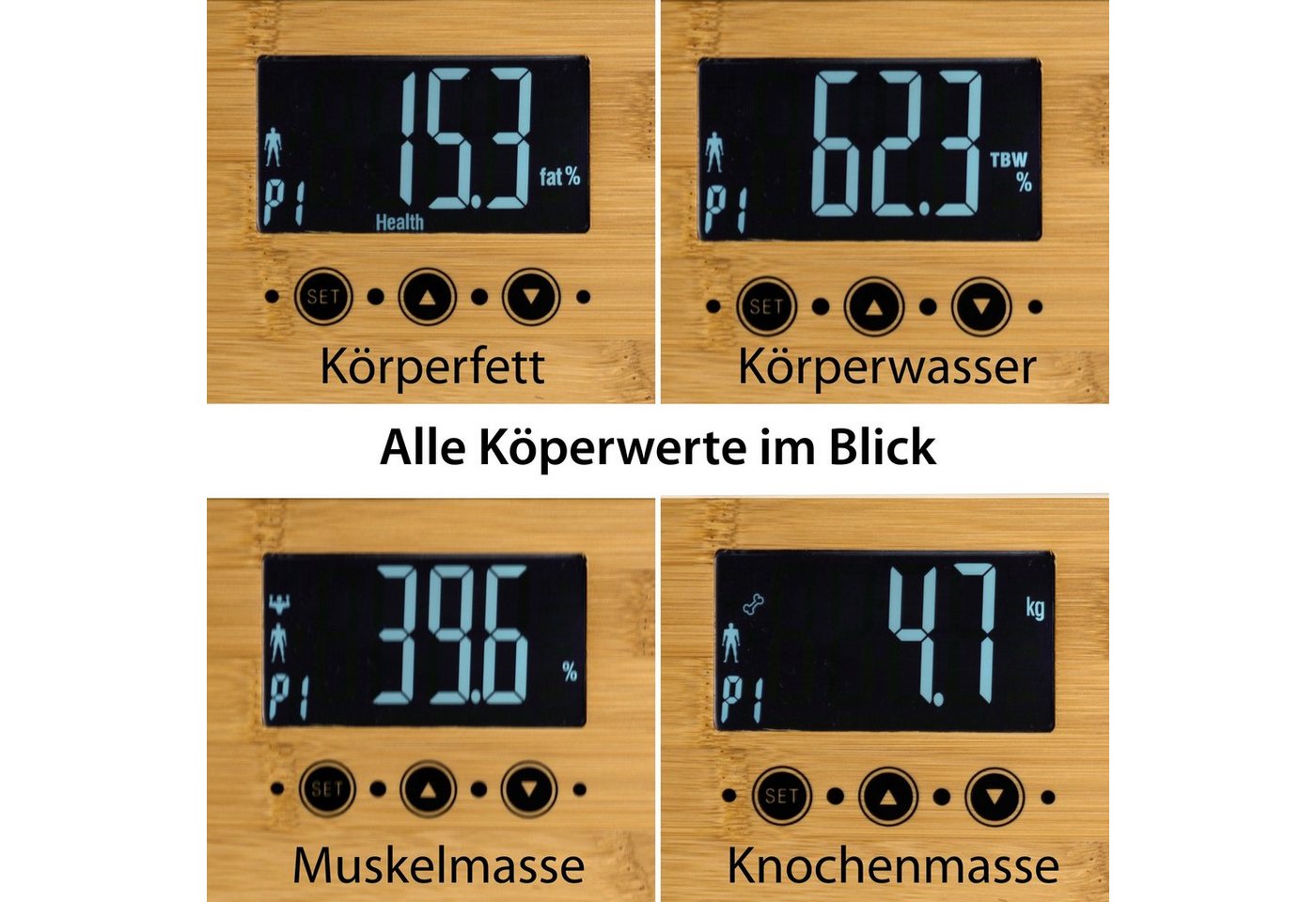 ADE Körper-Analyse-Waage Körperfettwaage mit Wiegefläche aus echtem Bambus, Messung 4 Körperwerte, 10 Speicherplätze, LCD Display, Tap-on-Technik – Bild 2 von 5