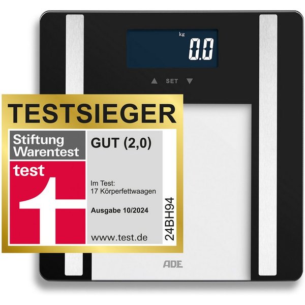ADE Körper-Analyse-Waage Personenwaage digital Körperfettwaage Ines bis 200 kg, Körperwaage mit Körperfettanalyse, Testsieger Stiftung Warentest