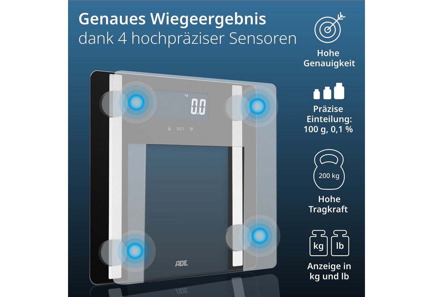 ADE Körper-Analyse-Waage Personenwaage digital Körperfettwaage Ines bis 200 kg, Körperwaage mit Körperfettanalyse, Testsieger Stiftung Warentest – Bild 2 von 5