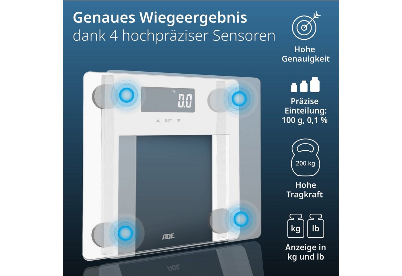 ADE Körper-Analyse-Waage Personenwaage digital Körperfettwaage Ines bis 200 kg, Körperwaage mit Körperfettanalyse, Testsieger Stiftung Warentest – Bild 2 von 5