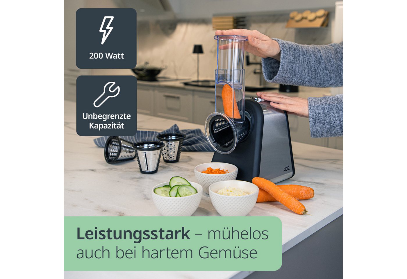 ADE Küchenreibe Gemüseschneider elektrisch, müheloses Schneiden mit 4 Wechselaufsätzen, Edelstahl, Gemüsehobel & Zerkleinerer für Gemüse, Obst & Nüsse, scharfe  – Bild 2 von 5