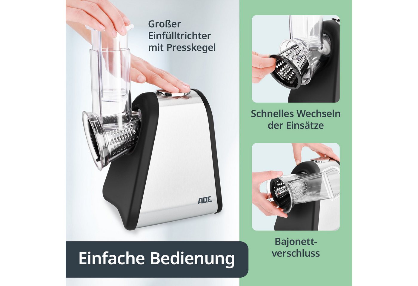 ADE Küchenreibe Gemüseschneider elektrisch, müheloses Schneiden mit 4 Wechselaufsätzen, Edelstahl, Gemüsehobel & Zerkleinerer für Gemüse, Obst & Nüsse, scharfe  – Bild 3 von 5