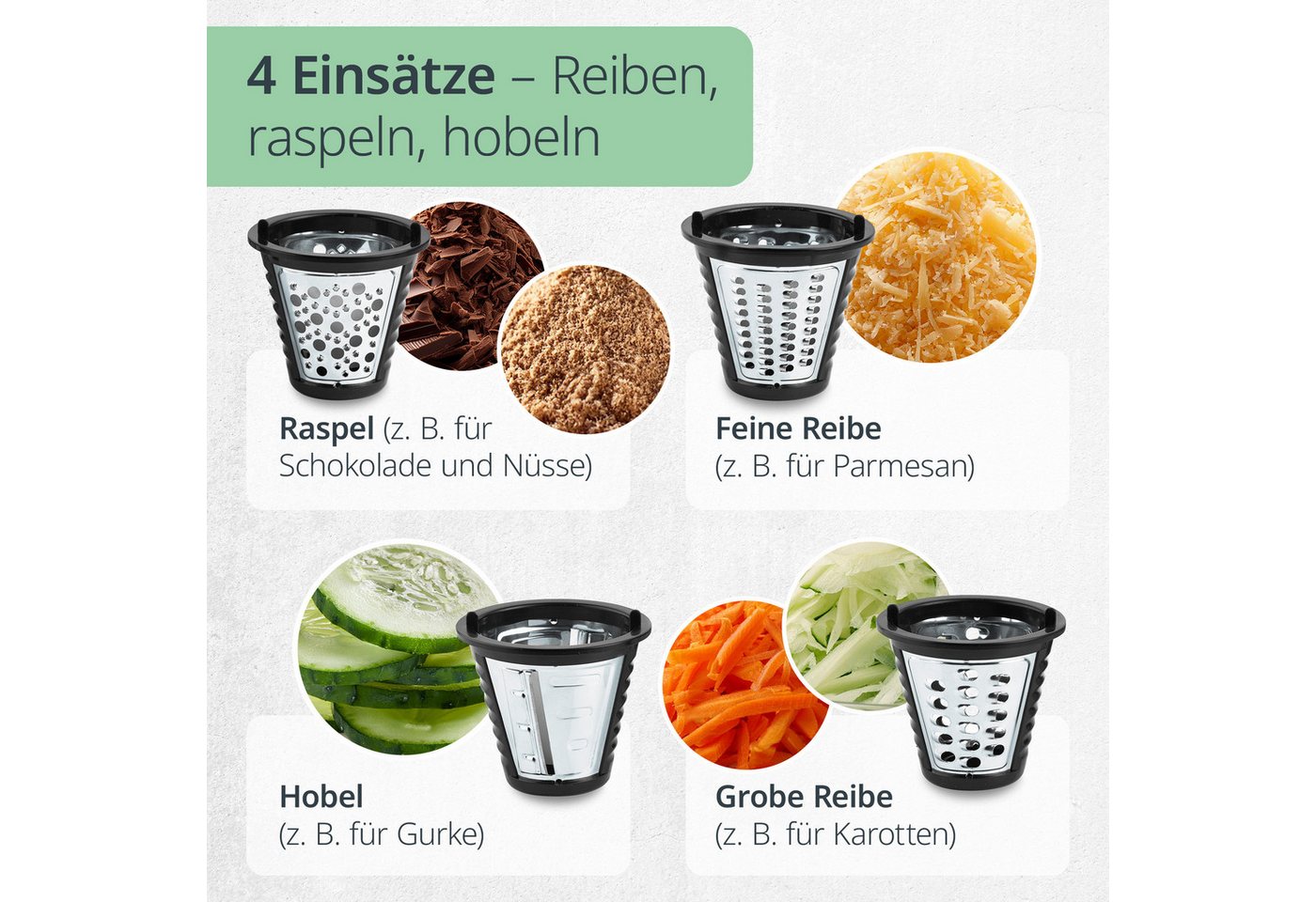 ADE Küchenreibe Gemüseschneider elektrisch, müheloses Schneiden mit 4 Wechselaufsätzen, Edelstahl, Gemüsehobel & Zerkleinerer für Gemüse, Obst & Nüsse, scharfe  – Bild 4 von 5