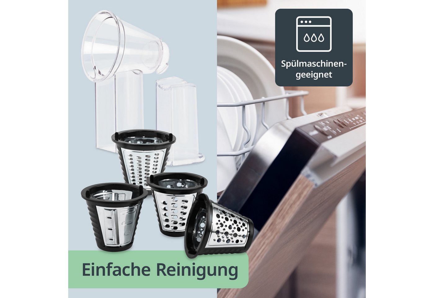 ADE Küchenreibe Gemüseschneider elektrisch, müheloses Schneiden mit 4 Wechselaufsätzen, Edelstahl, Gemüsehobel & Zerkleinerer für Gemüse, Obst & Nüsse, scharfe  – Bild 5 von 5