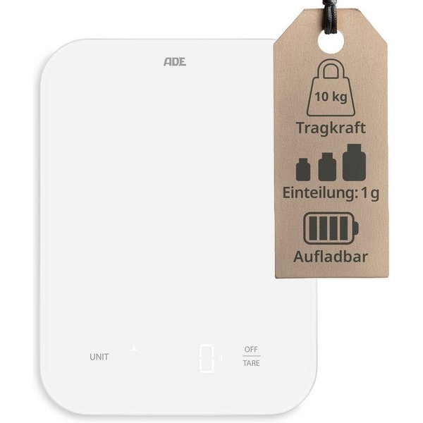 ADE Küchenwaage Digital, aufladbar per USB-C, bis 10 kg auf 1 g genau, aus Glas, Digitalwaage mit Tara-Funktion, beleuchtete Anzeige, in g, ml & oz