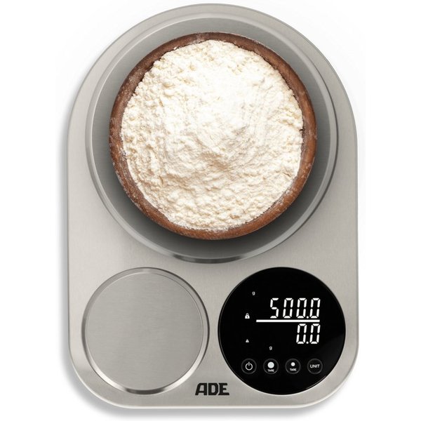 ADE Küchenwaage digital mit 2 Wiegeflächen 5kg/1g & 500g/0,1g, milligrammgenaue Waage für das Backen von Brot, Pizza, AAA Batterien