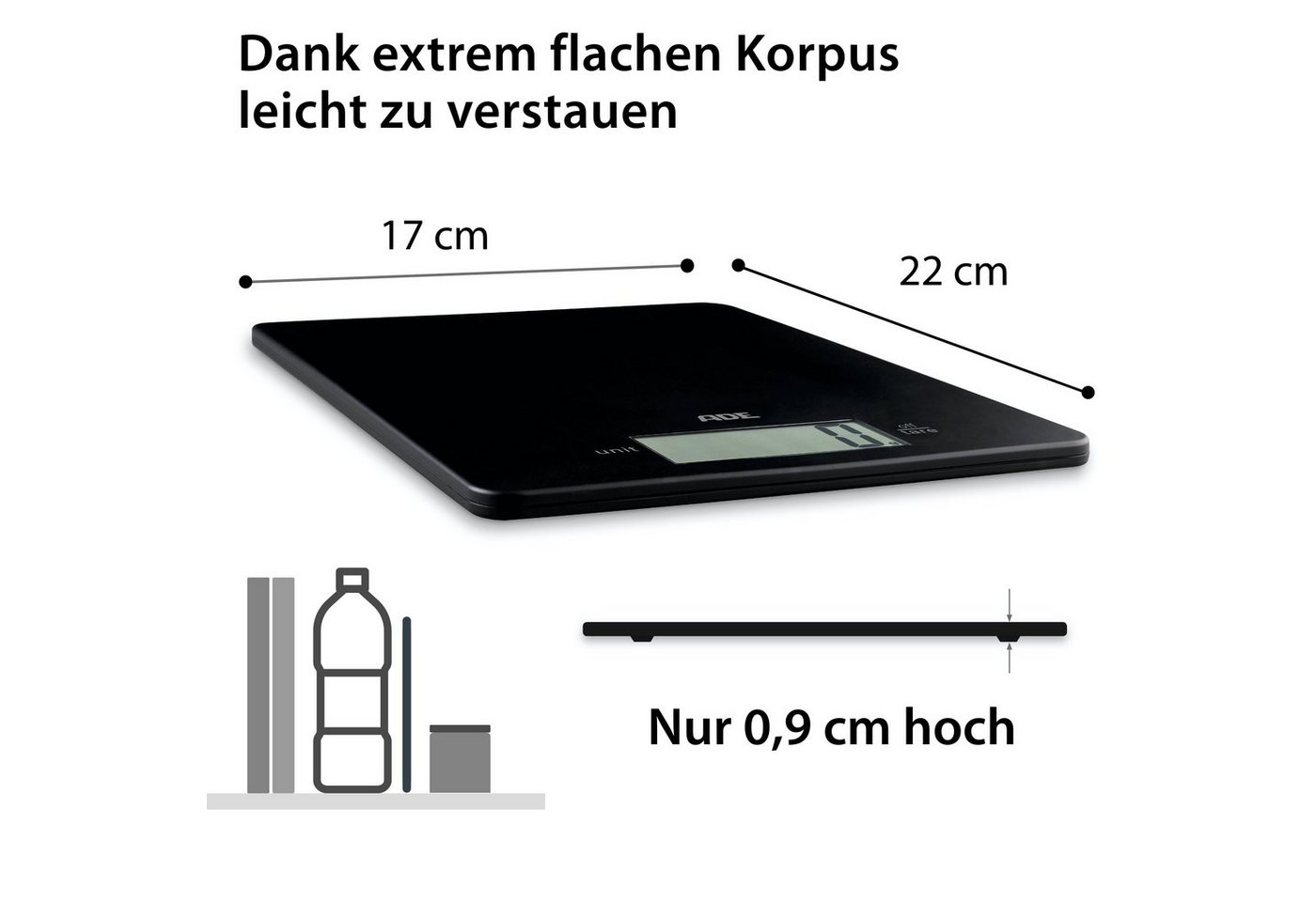 ADE Küchenwaage extrem flache Waage, nur 9mm hoch, platzsparend verstaubar, besonders präzise bis 5 kg – Bild 3 von 5