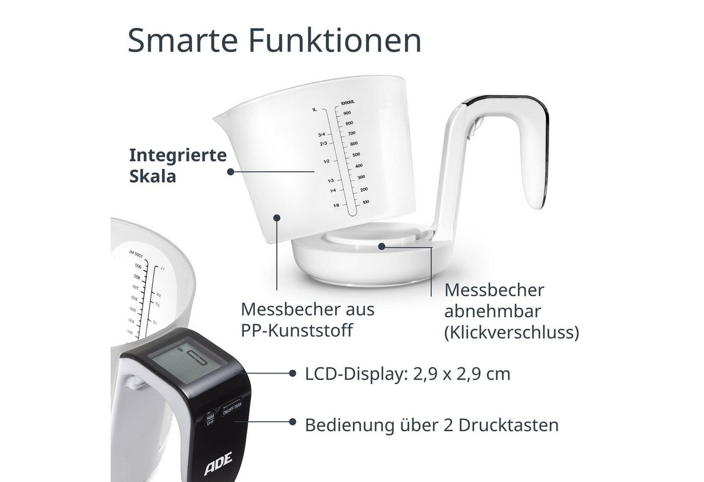 ADE Küchenwaage Messbecher-Waage mit Display im Griff, abnehmbarer Messbecher mit 1 Liter Fassungsvermögen – Bild 3 von 5