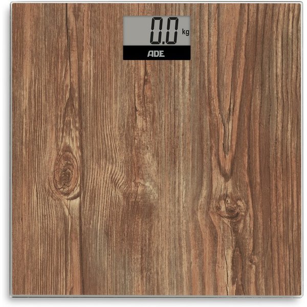 ADE Personenwaage digital, Körperwaage in gemütlicher Holzoptik, rutschhemmende Wiegefläche aus Sicherheitsglas, LCD-Display, bis 180kg